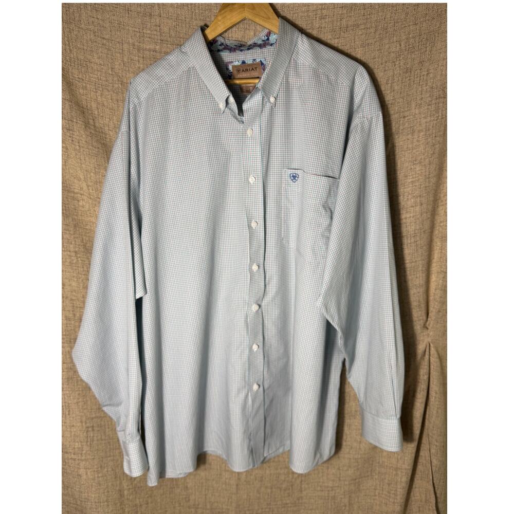 Ariat Wrinkle Free Button Down Shirt Men's 3XL Blue Plaid Long Sleeve Western